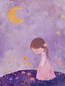 Meisje in roze jurk bij maanlicht, portret schilderij