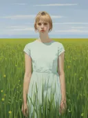 Portret van een meisje in een wit jurkje staand in een groen grasveld.