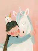 Illustratie van een meisje dat een eenhoorn knuffelt op een roze achtergrond