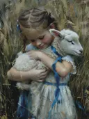 Schilderij van een meisje dat een lammetje knuffelt in het gras.