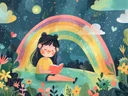 Schilderij van een meisje dat een boek leest onder een regenboog in het bos