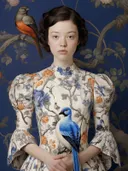 Portret van een meisje in een bloemenjurk met een blauwe en een oranje vogel tegen een donkerblauwe achtergrond.