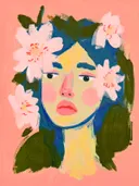 Portret van een meisje met bloemen in het haar tegen een roze achtergrond