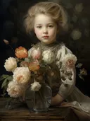 Portret van een meisje met een boeket bloemen in een vaas