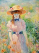 Impressionistisch schilderij van meisje met bloemenhoed in bloementuin