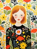 Portret van een meisje met rood haar tussen gele en oranje bloemen.