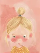 Illustratie van een meisje met blonde haarknot en sproetjes, kinderkamer schilderij