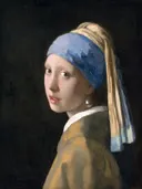 Meisje met de parel van Johannes Vermeer: portret met meisje, parel, tulband en oorbel, in donker met blauw en geel