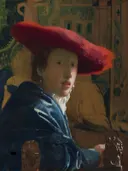 Meisje met de rode hoed van Johannes Vermeer: portret met meisje, rode hoed, blauwe mantel en wandtapijt, in rood en diepblauw