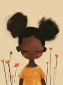 Meisje met twee hoge haarknotjes tussen bloemen, gele jurk