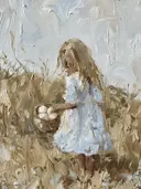 Meisje met eiermand in het veld, landschap schilderij