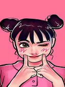Pop-art illustratie van een lachende vrouw die een hartje maakt met haar handen