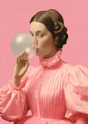 Meisje met kauwgombel op roze achtergrond schilderij, speels portret