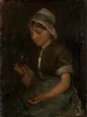 Meisje met kersen van Bernardus Johannes Blommers: portret met meisje, kersen, muts en schort, in donker bruin en groen