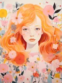 Portret van een meisje met oranje haar en sproeten tussen roze en gele bloemen.