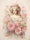 Portret van een meisje met blonde krullen tussen roze en gele bloemen.