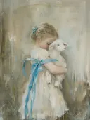 Schilderij van een meisje dat een lammetje vasthoudt.