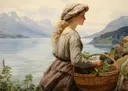 Schilderij van een jonge vrouw met mand vol kruiden, uitkijkend over een meer met bergen