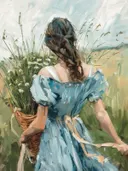 Meisje met mand vol bloemen, stilleven schilderij