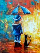 Meisje met paraplu en zwarte kat schilderij