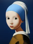 Cartoonachtige, speelgoedstijl herinterpretatie van een klassiek meisjesportret met parel, tegen een blauwe achtergrond.