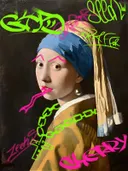 Graffiti-kunstwerk 'Meisje met Parel Graffiti Editie', klassiek portret met street-art overspoten