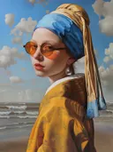 Schilderij meisje met parel oorbel en zonnebril
