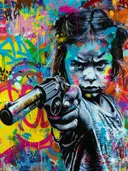 Meisje met revolver in graffitistijl