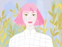 Illustratie van een vrouw met roze haar en een geruite blouse tegen een achtergrond van bladeren.