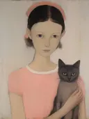 Portret van een meisje met roze haarband dat een grijze kat vasthoudt.