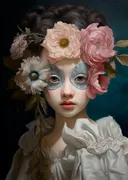 Meisje met spiegelogen en pioenrozen schilderij, surrealistisch portret