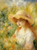 Impressionistisch schilderij van meisje met strohoed tussen bloemen