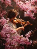 Portretschilderij van een meisje dat viool speelt tussen roze bloesems