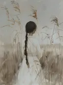 Schilderij van een meisje van achteren tussen het riet