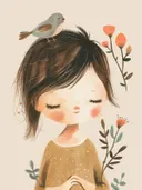Meisje met bruin haar en een vogeltje op haar hoofd tussen bloemen