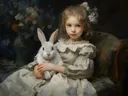 Schilderij van een meisje met een wit konijn en bloemen