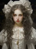Portret van een vrouw met witte strik en parelketting