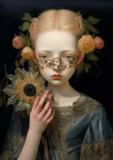 Meisje met zonnebloem en rozen, portret schilderij