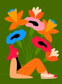 Illustratie van een zittend meisje omringd door grote kleurrijke bloemen