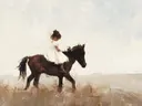 Schilderij van een meisje dat op een pony rijdt door een veld.