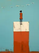 Surrealistisch schilderij van meisje op sokkel met vliegtuigjes