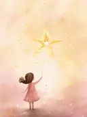 Illustratie van een meisje in een roze jurk die naar een grote gouden ster reikt.