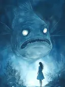 Meisje staat onder water tegenover een grote monsterlijke vis met scherpe tanden