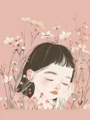 Illustratie van een meisje met gesloten ogen tussen wilde bloemen op een roze achtergrond