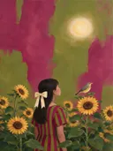 Meisje tussen de zonnebloemen in magenta en olijfgroen, botanisch schilderij