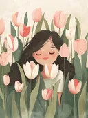 Schilderij van een meisje met donker haar tussen roze en witte tulpen