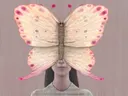 Surrealistisch kunstwerk van een vrouw wier gezicht bedekt wordt door twee grote roze-crème vlindervleugels.