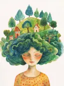 Surrealistische illustratie van een meisje met een dorpje in haar haar, kinderkamer schilderij