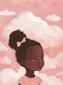 Schilderij van een meisje met haarknot en roze strik tussen wolken