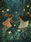 Twee dansende meisjes omringd door lichtgevende vuurvliegjes in een nachtelijk bos